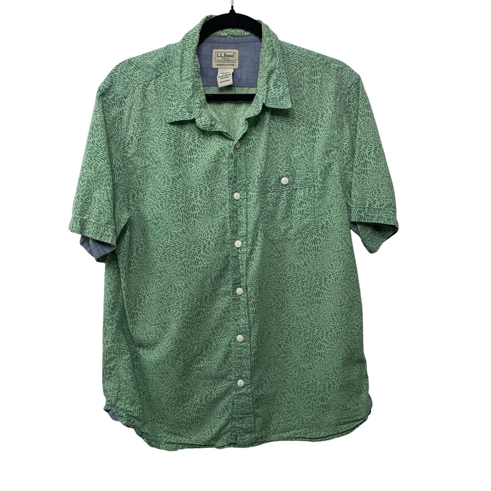 LL Bean Mens Green Geometric Organic Cotton Short Sleeve Shirt Camp Gorpcore M